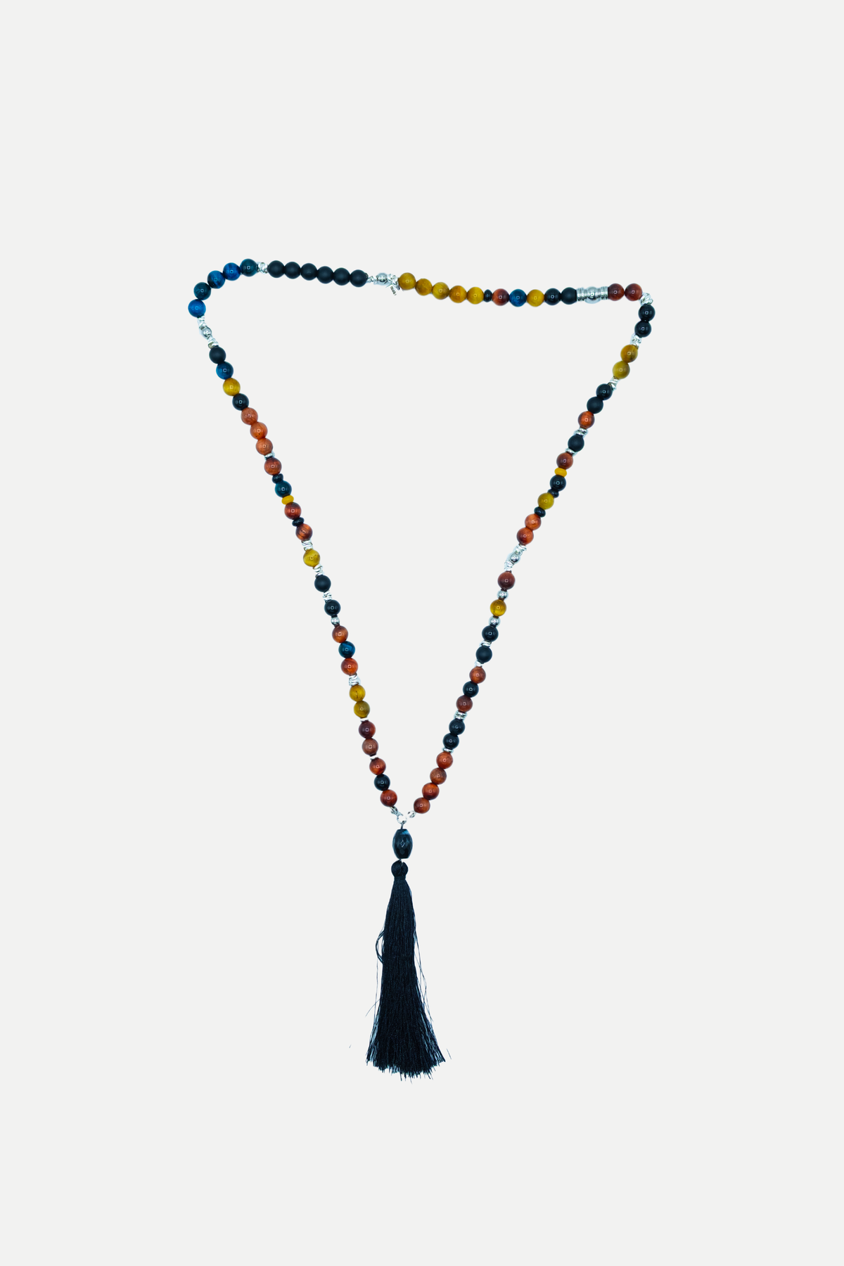 Collana Mala Gringo Sol con pietre blu, arancioni, gialle e nere e nappa nera