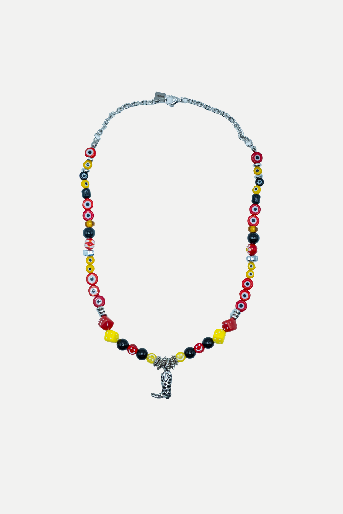 Collana Payaso Saloon rossa, gialla e nera con smile, dadi e pendente stivale western