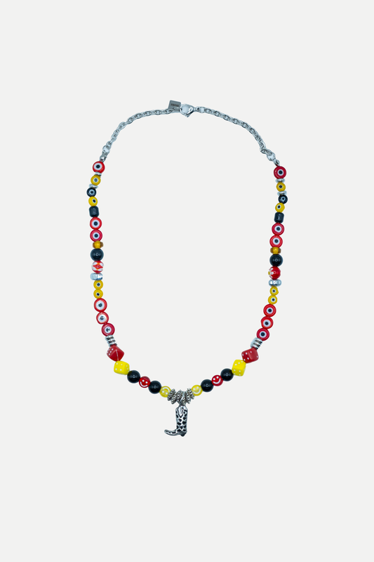 Collana Payaso Saloon rossa, gialla e nera con smile, dadi e pendente stivale western
