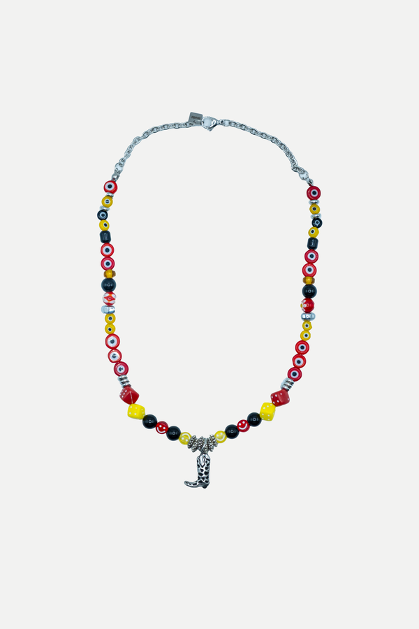 Collana Payaso Saloon rossa, gialla e nera con smile, dadi e pendente stivale western